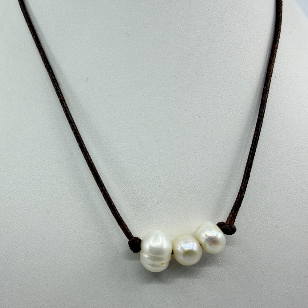 Brown Cord Necklace with Three Lustrous White Pearls Minimalist Boho Style Gift